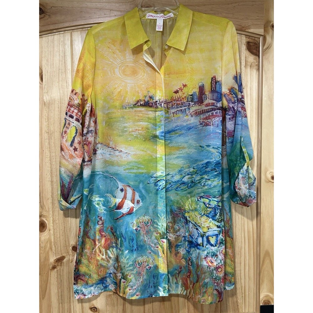 Leoma Lovegrove Women’s Button Down Tunic Ocean Life Colorful Pockets Size M